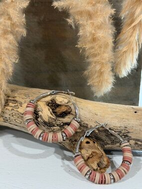 Handmade Silver Plated Pink and Cream Clay Disc Bead Hoop Earrings